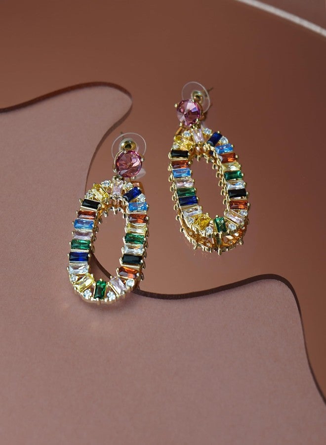 SNGIA Huggie Earrings, Gold Plated, Red, Pink, Sparkly Rhinestone Rectangle Dangle Earrings, Geometric Drop, Multi Color, Gemstone, Chunky Hoop, Dangling, Rhinstone, Women - Image 4